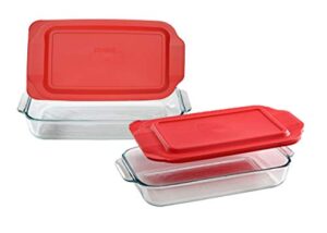 pyrex bundle - 4 items: (1) 232 2qt glass dish, (1) 233 3qt glass dish, (1) 232-pc 2qt red lid, (1) 233-pc 3qt red lid made in the usa