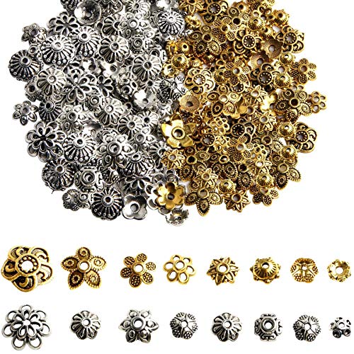 FEBSNOW About 160Pcs Spacer Beads Caps, Bali Style Mixed Tibetan Silver and Antique Gold Flower Bead Caps for Bracelet Necklace Earrings Jewelry Making Supplies