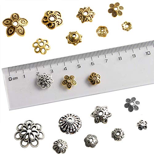 FEBSNOW About 160Pcs Spacer Beads Caps, Bali Style Mixed Tibetan Silver and Antique Gold Flower Bead Caps for Bracelet Necklace Earrings Jewelry Making Supplies