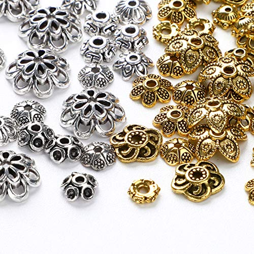 FEBSNOW About 160Pcs Spacer Beads Caps, Bali Style Mixed Tibetan Silver and Antique Gold Flower Bead Caps for Bracelet Necklace Earrings Jewelry Making Supplies