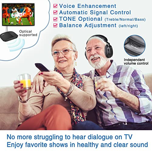 SIMOLIO Wireless Headphones for TV Watching with Transmitter (Digital Optical/RCA/AUX), Enhanced Voice & Spare Battery for Seniors & Hard of Hearing, Balance & Tone Control, No Audio Lag, 100FT Range