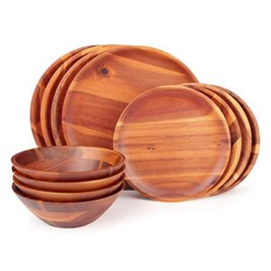 aidea wood dinnerware set 12pcs acacia wood tableware set, dishes set for 4