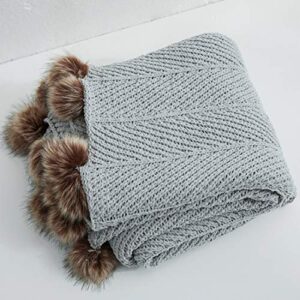 vctops fur pom pom knit throw blanket super soft warm cozy cable knitted blanket for sofa and couch 51 x 63 inch light grey