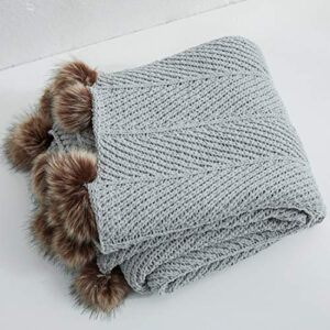 vctops Fur Pom Pom Knit Throw Blanket Super Soft Warm Cozy Cable Knitted Blanket for Sofa and Couch 51 x 63 Inch Light Grey