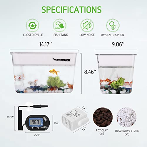 VIVOSUN 3-Gallon Aquaponic Fish Tank, Hydroponic Cleaning Tank for Freshwater Fish to Feed Plants and Plants Clean Tank, Additional Thermostat, Flow Pump, and Ceramsite Included