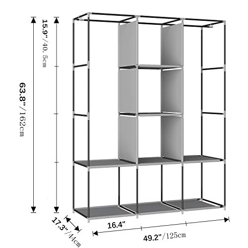 GHQME Fabric Wardrobe with 3 Drawers, Portable Clothes Closet Storage Organizer with Compartments and Rods (Black, 49.2” x 17.3” x 63.8”)