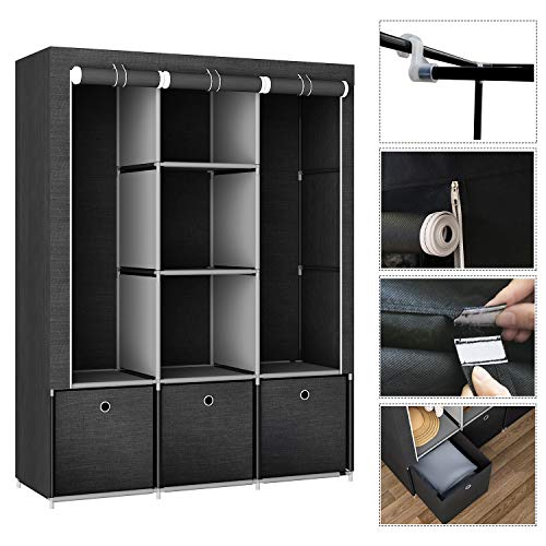 GHQME Fabric Wardrobe with 3 Drawers, Portable Clothes Closet Storage Organizer with Compartments and Rods (Black, 49.2” x 17.3” x 63.8”)