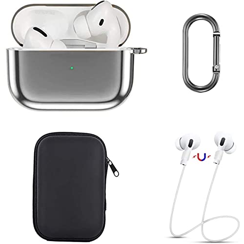 Aiiko AirPods Pro Case Cover, Soft TPU Plated Full Protective Shockproof Cover with Keychain/Anti-Lost Straps and EVA Box Set for AirPods Pro Case 2019 (Front LED Visible)-Silver