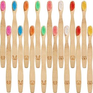 16 pcs kids bamboo toothbrush soft bristle natural toothbrush wooden toothbrushes kids toothbrush with colorful bristles and ergonomic animal designs handles for kids