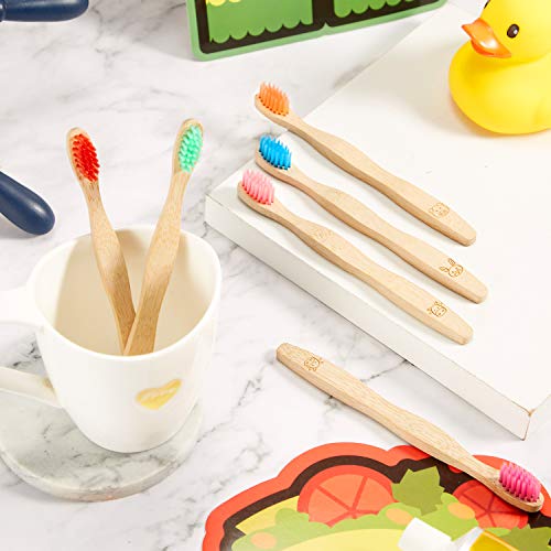 16 Pcs Kids Bamboo Toothbrush Soft Bristle Natural Toothbrush Wooden Toothbrushes Kids Toothbrush with Colorful Bristles and Ergonomic Animal Designs Handles for Kids