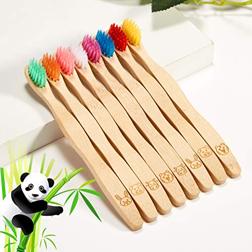 16 Pcs Kids Bamboo Toothbrush Soft Bristle Natural Toothbrush Wooden Toothbrushes Kids Toothbrush with Colorful Bristles and Ergonomic Animal Designs Handles for Kids