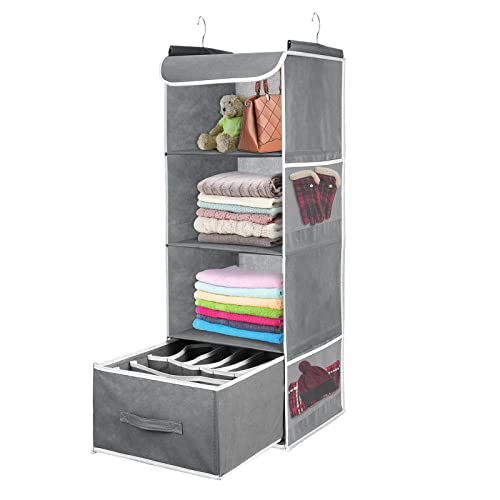 Cabilock Hanging Closet Organizer 4 Shelves with Drawer 4 Side Mesh Pockets Hanging Shelves for Closet Grey 13L×13W×36.4H inch