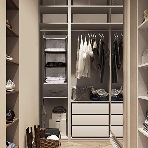 Cabilock Hanging Closet Organizer 4 Shelves with Drawer 4 Side Mesh Pockets Hanging Shelves for Closet Grey 13L×13W×36.4H inch