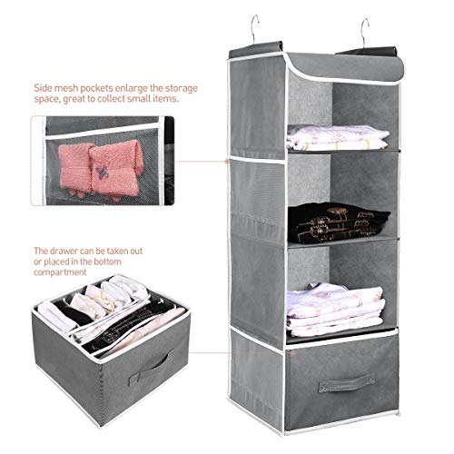 Cabilock Hanging Closet Organizer 4 Shelves with Drawer 4 Side Mesh Pockets Hanging Shelves for Closet Grey 13L×13W×36.4H inch