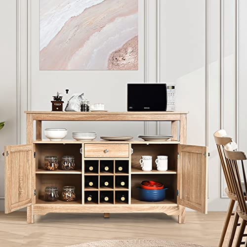 Giantex Buffet Server Sideboard, Console Table, Wood Dining Table, Cupboard Table with 2 Cabinets, 1 Drawer and 9 Wine Cabinets, Storage Organizer Kitchen and Dining Room (Natural)