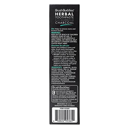 Brush Buddies Herbal Toothpaste with Activated Charcoal, Whitening Toothpaste, Charcoal Toothpaste for Whitening Teeth - Cool Mint