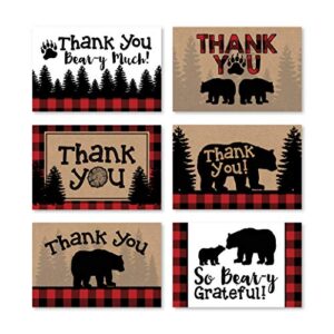 24 bear lumberjack thank you cards with envelopes, kids or baby shower thank you note, rustic zoo animal 4x6 varied gratitude card pack for party, girl boy children birthday, modern event stationery