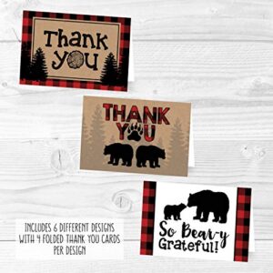 24 Bear Lumberjack Thank You Cards With Envelopes, Kids or Baby Shower Thank You Note, Rustic Zoo Animal 4x6 Varied Gratitude Card Pack For Party, Girl Boy Children Birthday, Modern Event Stationery