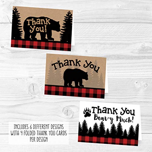 24 Bear Lumberjack Thank You Cards With Envelopes, Kids or Baby Shower Thank You Note, Rustic Zoo Animal 4x6 Varied Gratitude Card Pack For Party, Girl Boy Children Birthday, Modern Event Stationery