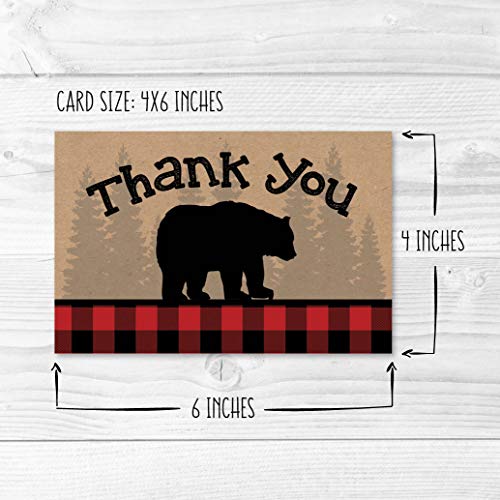 24 Bear Lumberjack Thank You Cards With Envelopes, Kids or Baby Shower Thank You Note, Rustic Zoo Animal 4x6 Varied Gratitude Card Pack For Party, Girl Boy Children Birthday, Modern Event Stationery