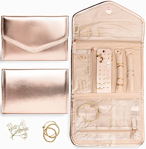 Altitude Boutique Travel Jewelry Organizer Roll Foldable Jewelry Case for Journey Packing Vacation-Rings, Necklaces, Bracelets, Earrings (Rose Gold, Medium)