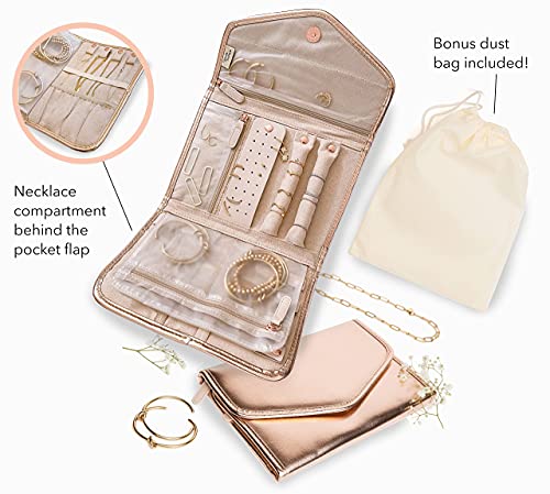 Altitude Boutique Travel Jewelry Organizer Roll Foldable Jewelry Case for Journey Packing Vacation-Rings, Necklaces, Bracelets, Earrings (Rose Gold, Medium)