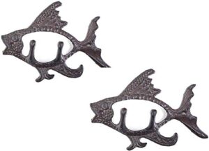 grace home set of 2 cast iron rustic fish designed wall hanger outdoor metal wall hooks keys towels wall holder mounted heavy duty decorative nautical gift idea (fish)