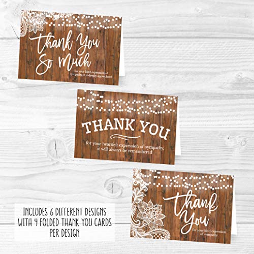 24 Rustic Sympathy Thank You Cards With Envelopes, Bereavement Funeral Thank You Note, Condolence Gratitude Supplies, Faux Wood Personalized Bulk Religious Military Memorial With Message Stationery
