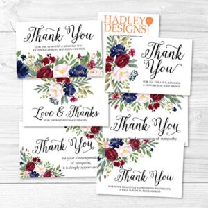 24 Navy Burgundy Floral Sympathy Thank You Cards With Envelopes, Bereavement Funeral Thank You Note, Condolence Gratitude Supplies, Personalized Religious Military Memorial With Message Stationery