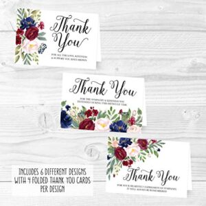 24 Navy Burgundy Floral Sympathy Thank You Cards With Envelopes, Bereavement Funeral Thank You Note, Condolence Gratitude Supplies, Personalized Religious Military Memorial With Message Stationery