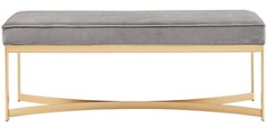 martha stewart secor entryway accent bench with gold metal half moon base, cushion seat, modern suede-like fabric sitting bench, easy assembly bedroom furniture, 48" w x 16" d x 18" h, grey