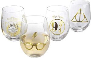 harry potter stemless wine glasses, set of 4 - gold harry potter symbols and designs - glass - 17 oz