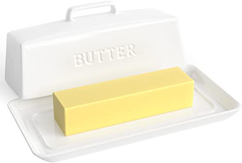 PriorityChef Ceramic Butter Dish with Lid for Countertop, Butter Keeper for Counter or Fridge, Covered Butter Tray Holder For Butter Storage, Holds 1 Stick, White