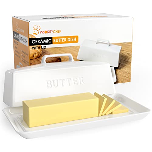 PriorityChef Ceramic Butter Dish with Lid for Countertop, Butter Keeper for Counter or Fridge, Covered Butter Tray Holder For Butter Storage, Holds 1 Stick, White