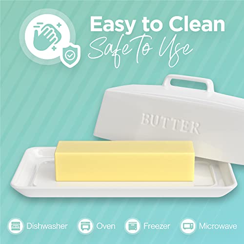 PriorityChef Ceramic Butter Dish with Lid for Countertop, Butter Keeper for Counter or Fridge, Covered Butter Tray Holder For Butter Storage, Holds 1 Stick, White