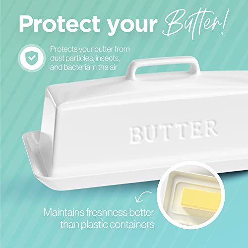 PriorityChef Ceramic Butter Dish with Lid for Countertop, Butter Keeper for Counter or Fridge, Covered Butter Tray Holder For Butter Storage, Holds 1 Stick, White