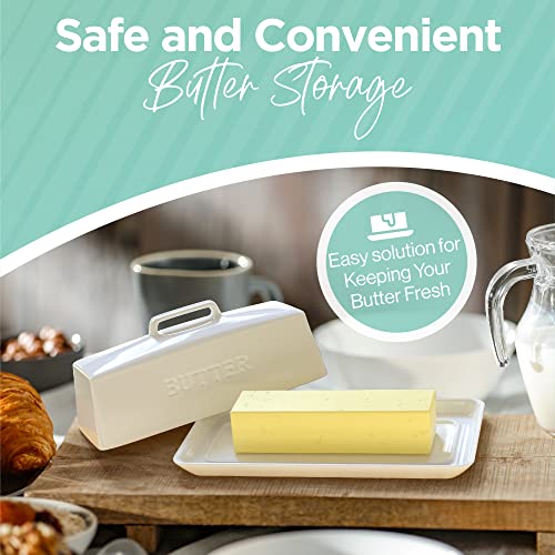 PriorityChef Ceramic Butter Dish with Lid for Countertop, Butter Keeper for Counter or Fridge, Covered Butter Tray Holder For Butter Storage, Holds 1 Stick, White