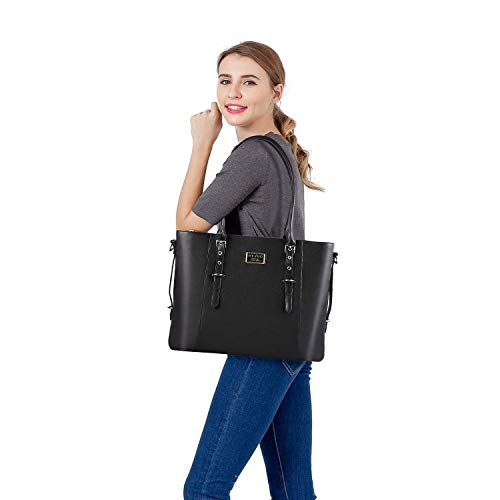 MOSISO PU Leather Laptop Tote Bag for Women (17-17.3 inch), Black