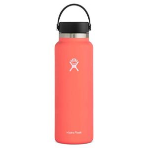 hydro flask water bottle - stainless steel & vacuum insulated - wide mouth 2.0 with leak proof flex cap - 40 oz, hibiscus