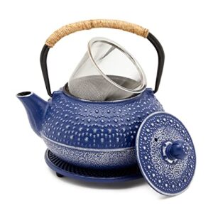 3 piece set blue japanese cast iron teapot, loose leaf tetsubin with handle, stainless steel infuser, and trivet (27 oz, 800 ml)