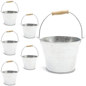six galvanized metal buckets with wooden handles for parties, home projects, and more (4.5 in; not to be used as water buckets)