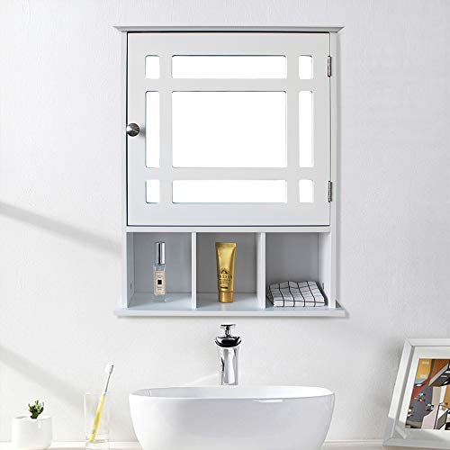 SSLine Wall Medicine Cabinet with Mirror White Wooden Bathroom Cabinet Single Door Small Wall-Mounted Storage Cabinet Cupboard with Adjustable Shelf Organizer for Kitchen Bathroom Laundry Room