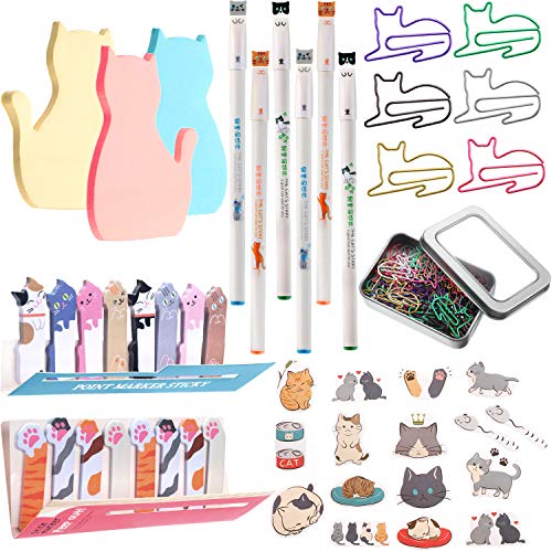 Cat Office Supplies Cat Sticky Notes Paper Clips Index Tabs Cat Gel Ink Pens Cat Shaped Bookmark Cartoon Stickers Set for Cat Lovers Kids Women Girl Work School Office(Cute Style)