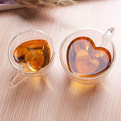 Cool Cook 2 Pack Heart Shaped Double Walled Insulated Glass Coffee Mugs or Tea Cups，Beautiful Heart Shape, Thermo Insulated Premium Quality Borosilicate Glass, Set of 2 (8.5 oz, 240 ml)