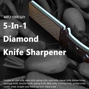 5-In-1 Diamond Sharpening Plate Knife And Scissors Sharpener Ceramic Knife Sharpener Rod Double-Sided 400/1000 Grit Honeycomb Surface Outdoor Kitchen Grinding Tool