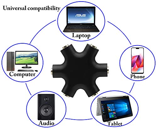 zdyCGTime Headphone Splitter, 3.5mm Stereo Audio Headset Adapter 3.5mm 6-Port Music Sharer, 3.5mm 6 Port Female Headphone Splitter Audio Connector with 3.5mm M/M TRS Stereo Plug Cable(Black)