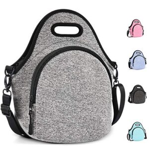 gowraps lunch bags for women/men/kids neoprene lunch tote bags with adjustable detachable shoulder straps reusable soft insulated lunch bag for school/travel/work(gray)