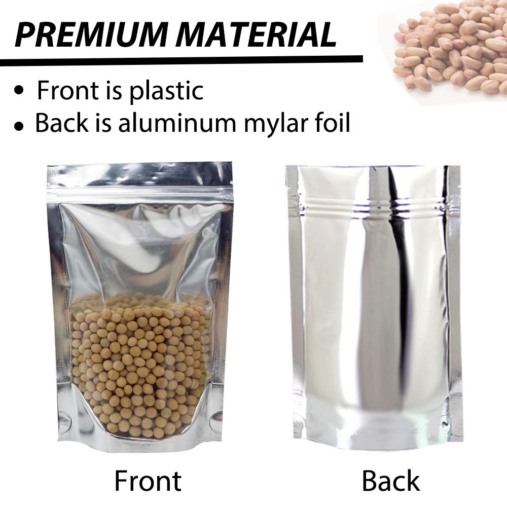 100 Pack - 4.7"x7.9" Stand Up Clear Silver Reclosable Mylar Zip Lock Bags, Aluminum Foil Packaging, Plastic Zipper Food Coffee Candy Storage, Foil Grip Seal Wrap Smell Proof Bags