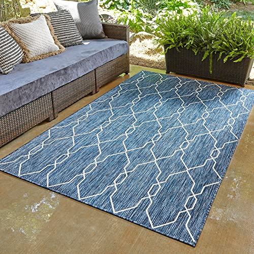 Unique Loom Outdoor Trellis Collection Area Rug - Links Trellis (9' x 12' Rectangle, Blue/ Ivory)