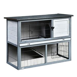 PawHut 43" L Wooden Rabbit Hutch Bunny Cage Small Animal House Enclosure with Ramp, Removable Tray and Weatherproof Roof for Outdoor, Grey